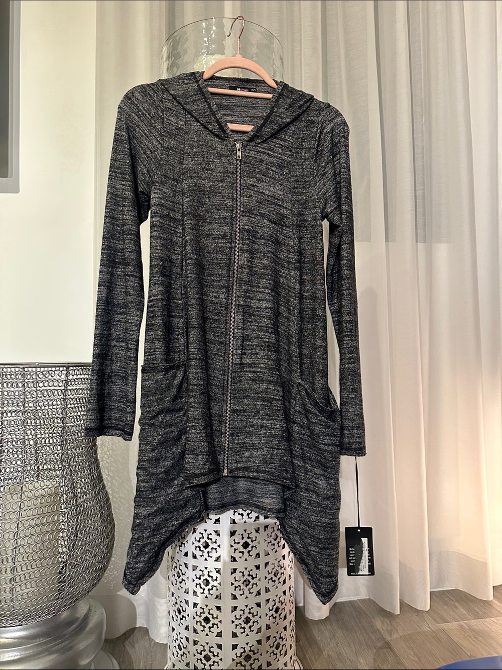 Michael Lauren Heathered  Charcoal Gray Hi-Low  Zip Hooded Tunic Jacket
